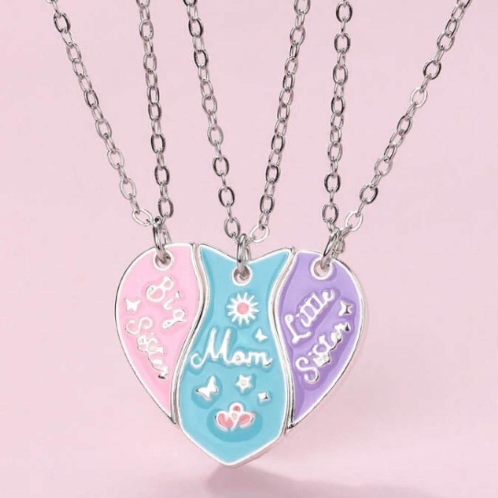 Big Sister Little Sister and Mom Heart Pendant Necklace Set Of 3 In 1